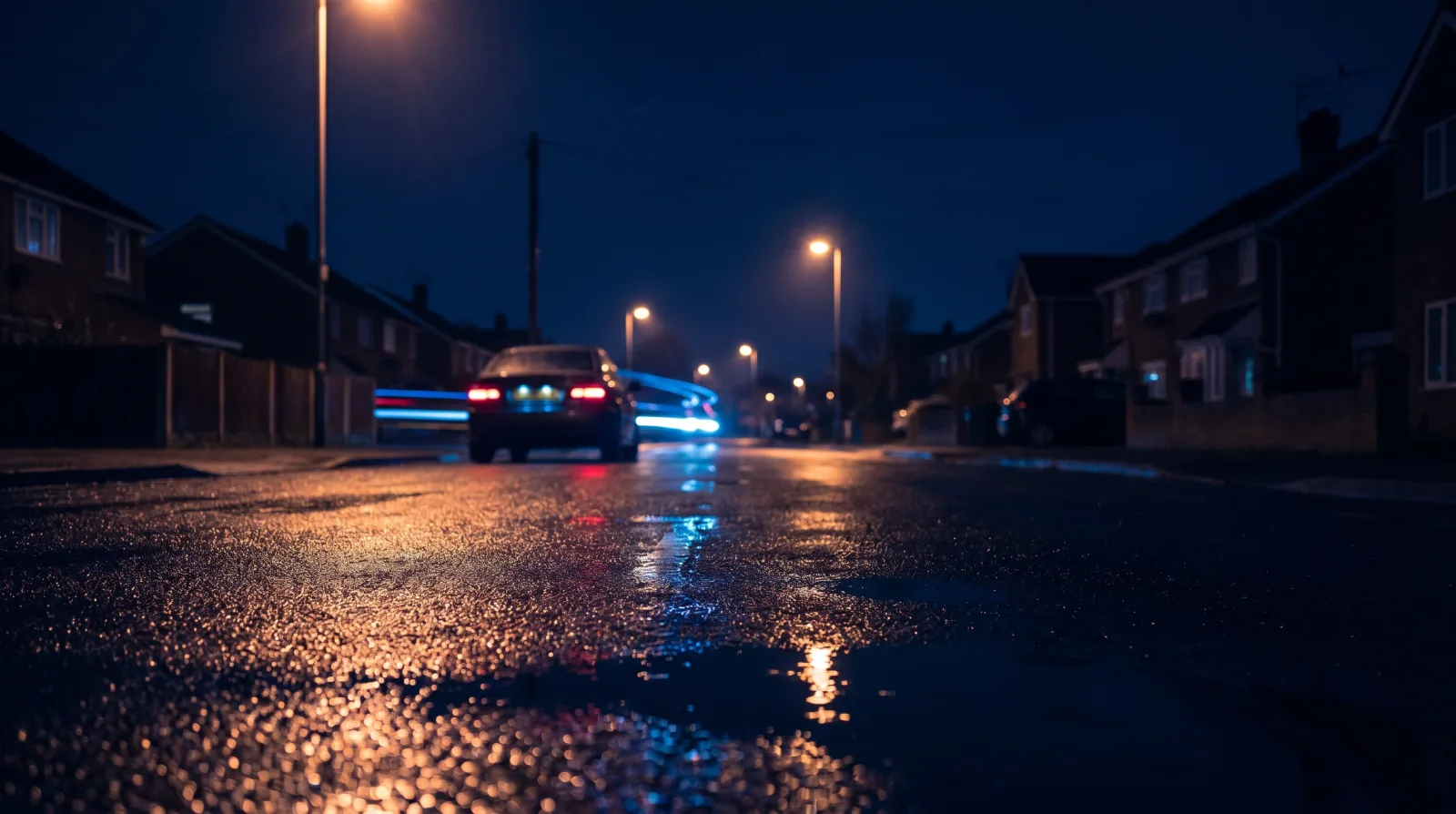 A car on a quiet Basildon street at night, lit by street lamps