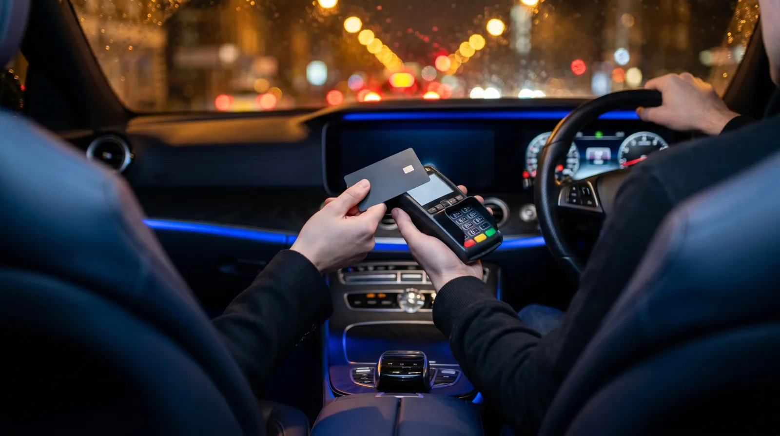 A passenger tapping a contactless card on the driver's card machine inside a car at night